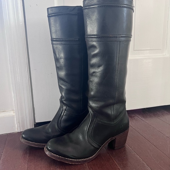 Frye Black Leather Tall Heeled Boots